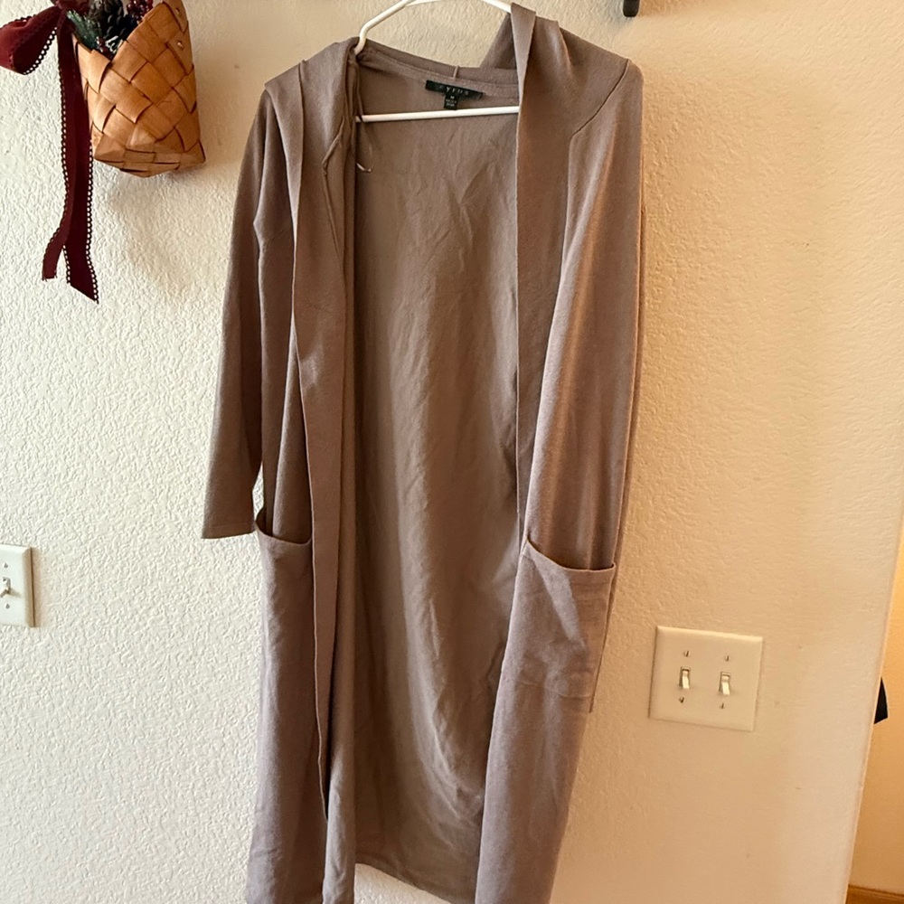 Cyrus Long Open-Front Duster Cardigan in Taupe